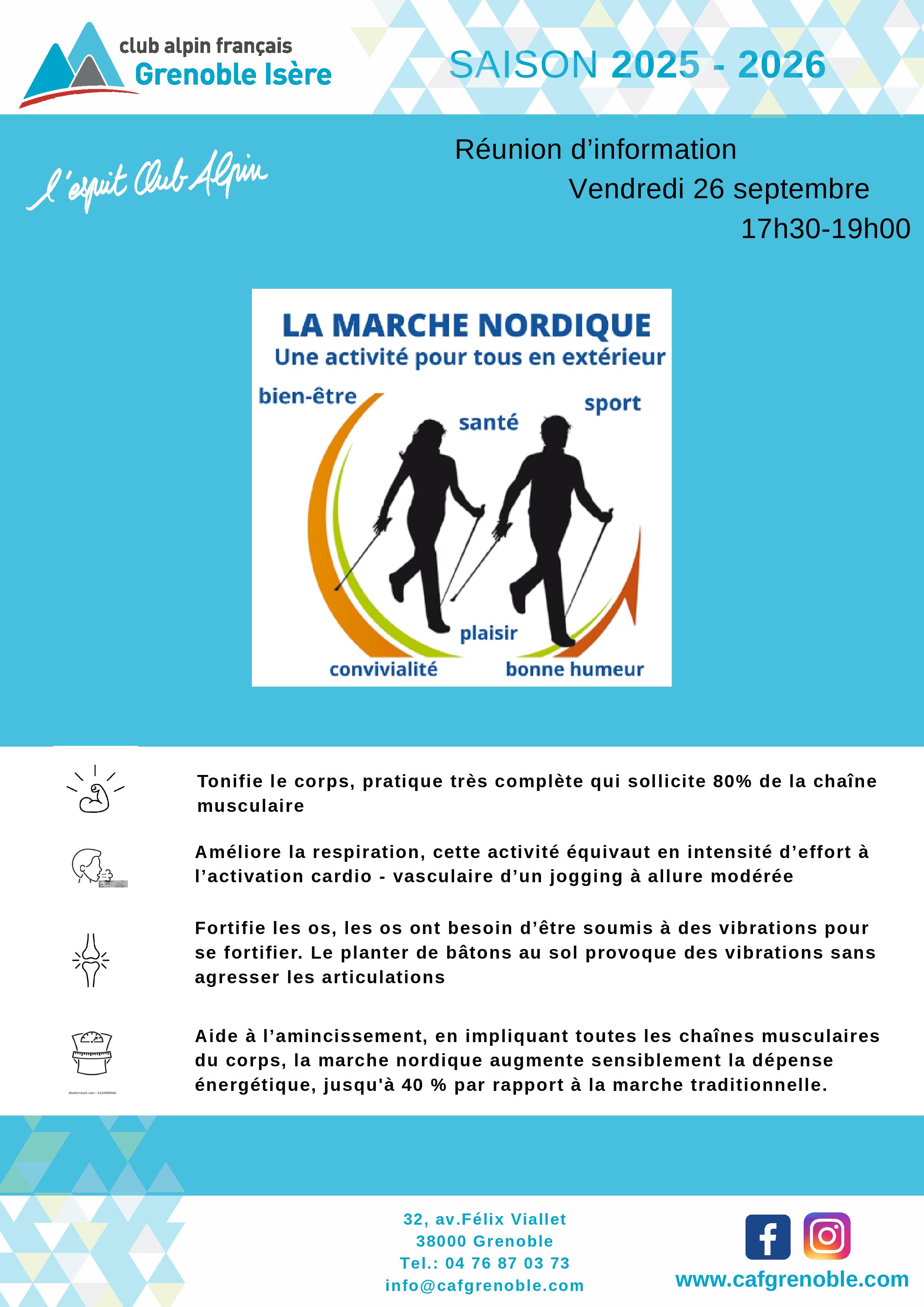 Section de marche nordique : réunion d'information vendredi 27 septembre de 17H30 à 19h00 dans les locaux du club.